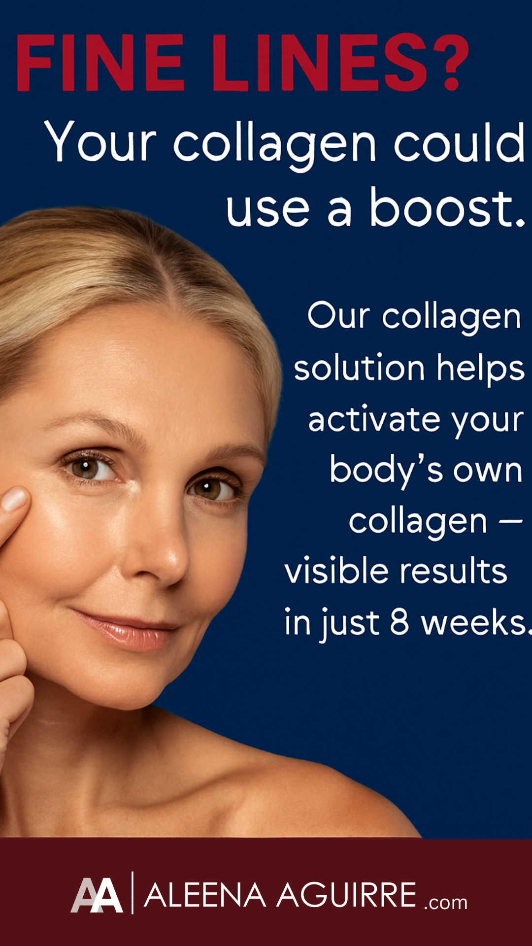 Promotional graphic of collagen serum bottle labeled "Best Collagen for Fine Lines," featuring a glowing skin aesthetic and claim of visible results in 8 weeks.